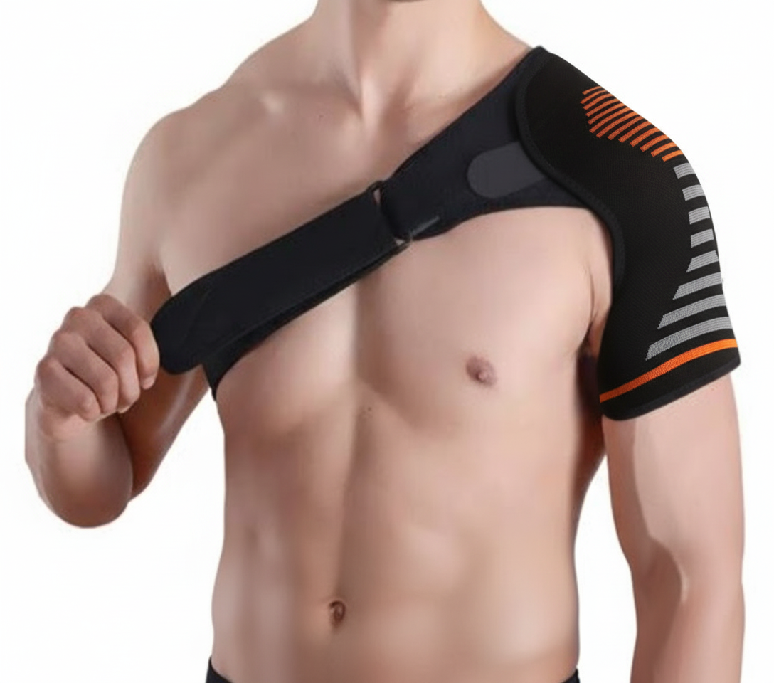Attelle d'épaule orange et grise dans la pose de la première image